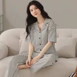 条纹女士短袖长裤开衫纯棉睡衣小香风全棉短长女生家居服可外穿夏
