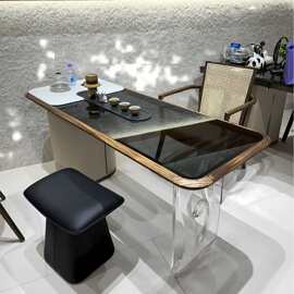 新款上市意式极简实木包边玻璃茶台  台面双拼家用定制茶桌椅组合