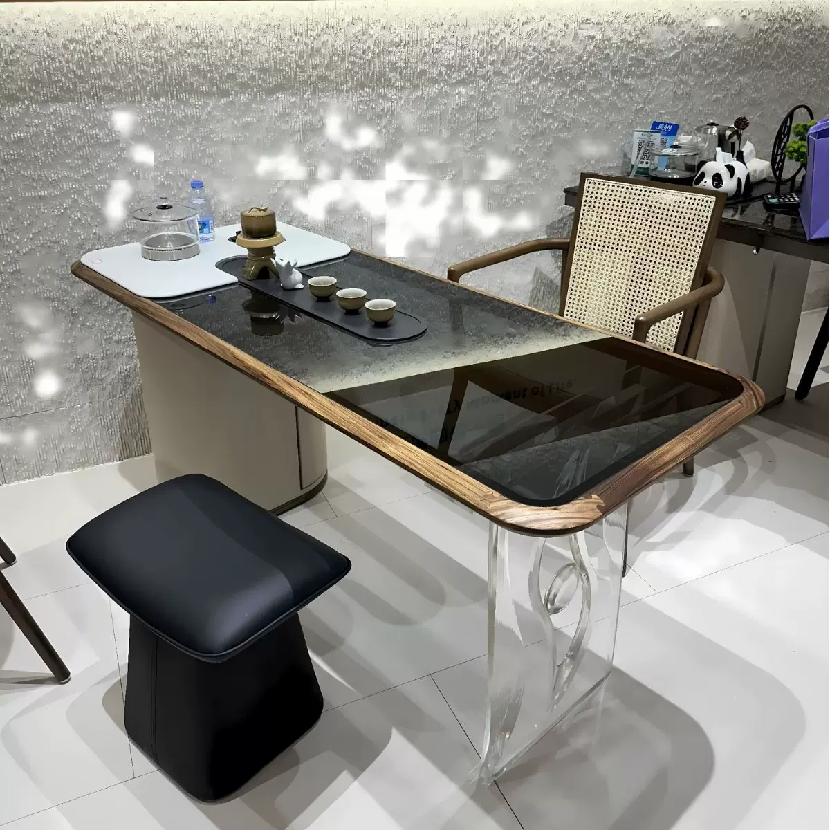 新款上市意式极简实木包边玻璃茶台  台面双拼家用定制茶桌椅组合
