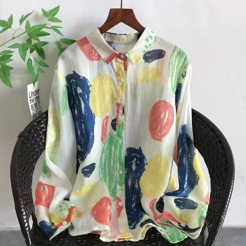 Summer New Ramie Shirt Graffiti Printing Long Sleeve Women's Loose Artistic Top Base Shirt Shirt 56333