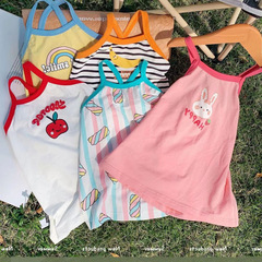 夏季女童連衣裙寶寶洋氣兒童個性潮牌韓版拼色條紋卡通公主吊帶裙