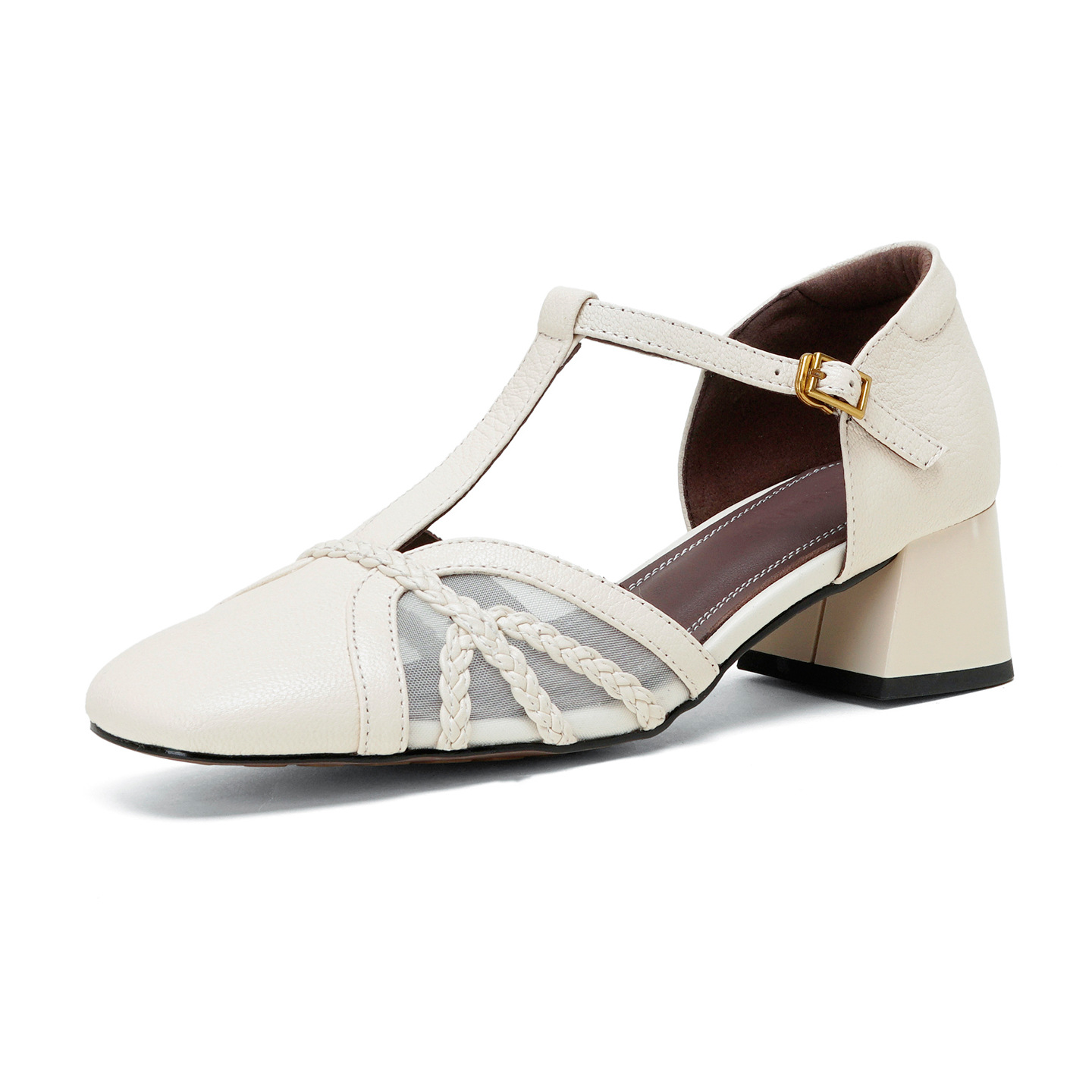 Giày sandal cao gót nữ hở mũi da cừu lưới gót vuông quai chữ T — đen