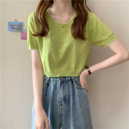 Summer  new style knitted short-sleeved T-shirt women's trendy internet celebrity design niche hollow thin top clothes ins