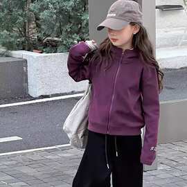 童装女童连帽外套加绒加厚2025新款中大童长袖拉链开衫卫衣外套女