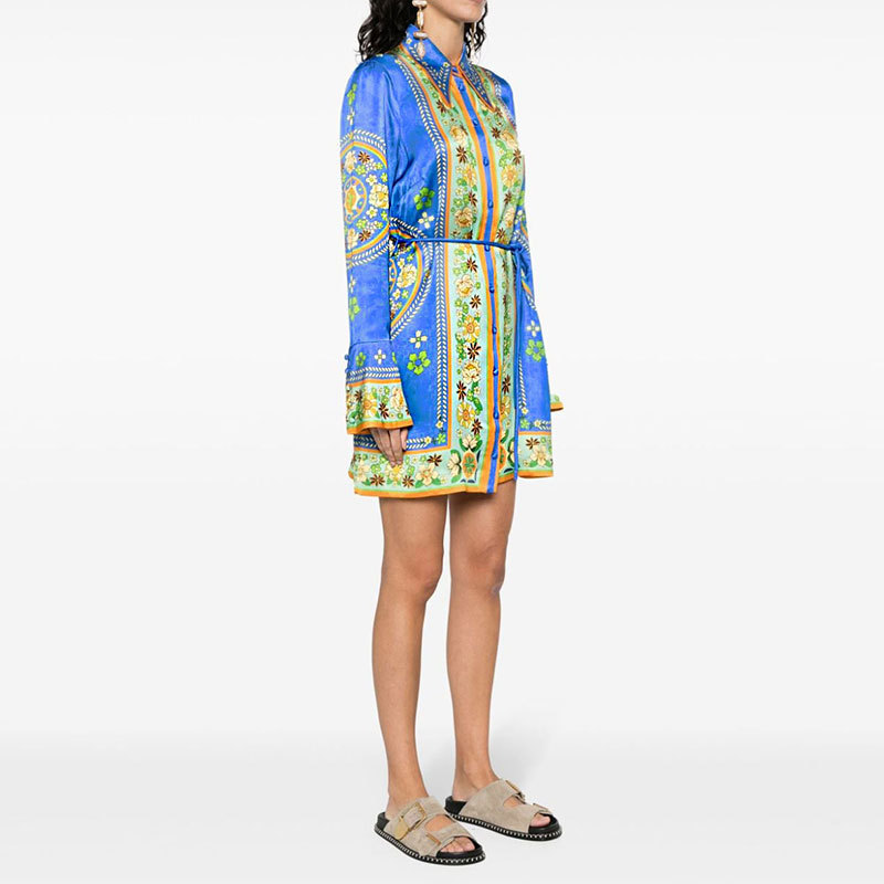 Women's Dress With Turn-Down Collar, Tie Waist, Printed Long Sleeves_ecoleips.com