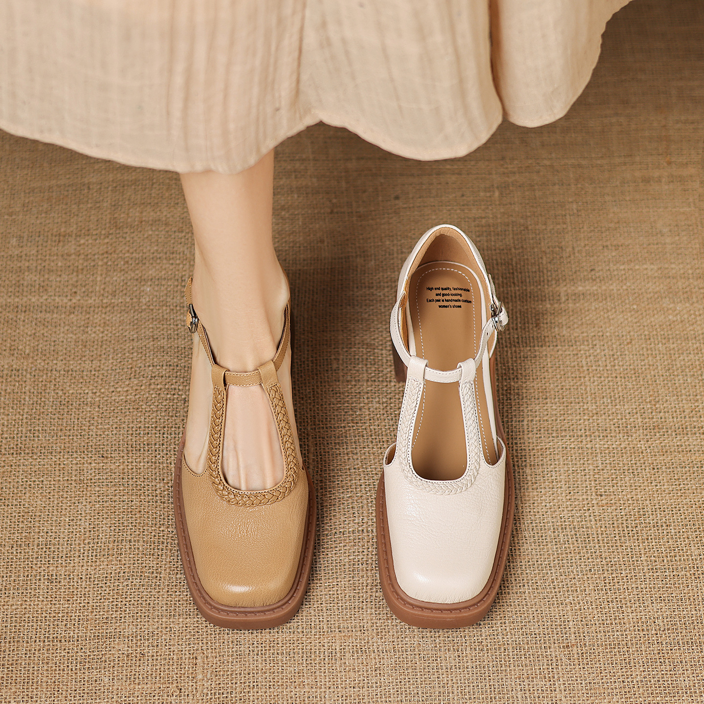 Sandal cao gót nữ mũi vuông quai chữ T đế dày — màu trắng ngà
