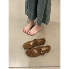 复古森系文艺风绒面玛丽珍鞋子一字扣带浅口圆头平底芭蕾单鞋女