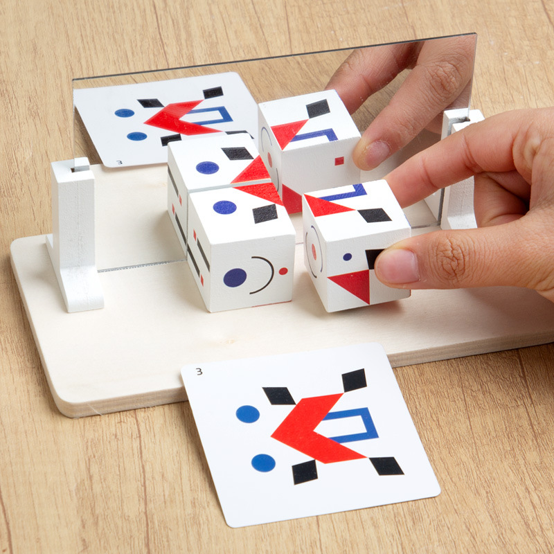 Bloques de construcción de espejo de madera que cambian la cara, juguetes de gráficos geométricos, juguetes de entrenamiento de pensamiento para niños, bloques de construcción interactivos entre padres e hijos