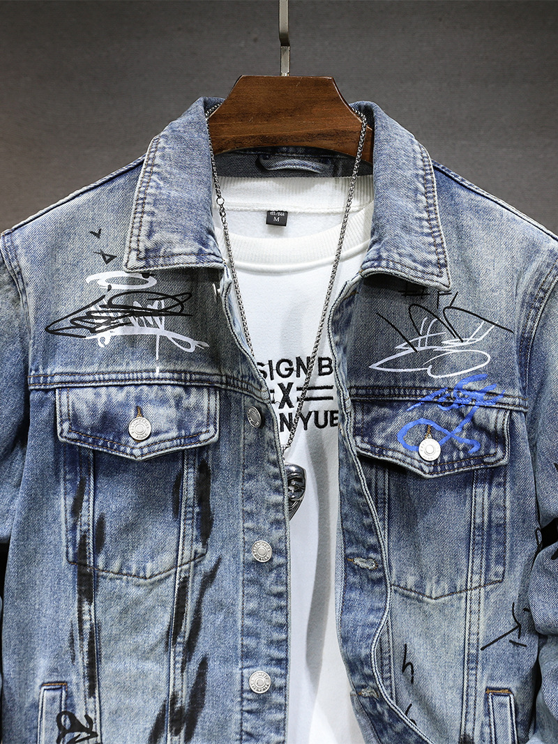 国境を越えた新型の男性ジャケット春秋高級欧米潮牌落書きプリント合体カウボーイコート男