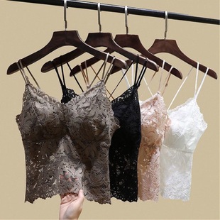 Sexy Lace Camisole for Women with Breast Pads, Beautiful Back, No Bra, French Swallowtail Outer Top for Women