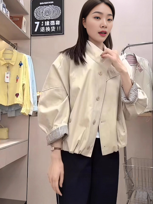 欧货英伦风立领夹克外套女2025新款宽松休闲内里条纹短款风衣上衣|undefined