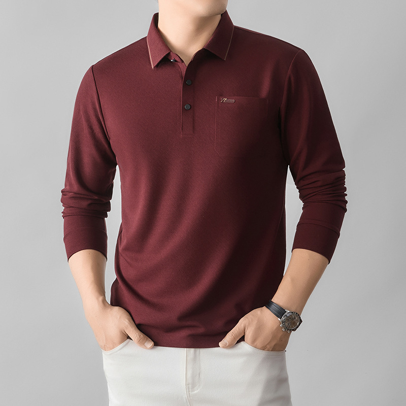 Middle-aged men's long-sleeve POLO shirt, spring and autumn business style, collared top, dad's wear, solid color with pockets, casual T-shirt Middle-aged men's long-sleeve POLO shirt, spring and autumn business style, collared top, dad's wear, solid color with pockets, casual T-shirt