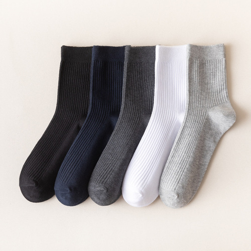 Double-needle pure cotton mid-calf men's business solid color versatile socks autumn and winter warm men's deodorant and sweat-absorbent socks