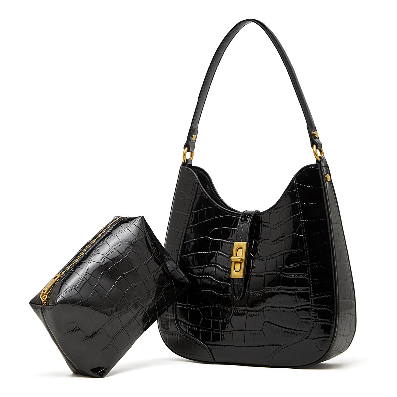Genuine Leather Niche Design 2026 Spring/Summer New Large Capacity Crocodile Embossed Patent Cowhide Underarm Bag Women's Shoulder Crossbody Bag - Thumbnail 7