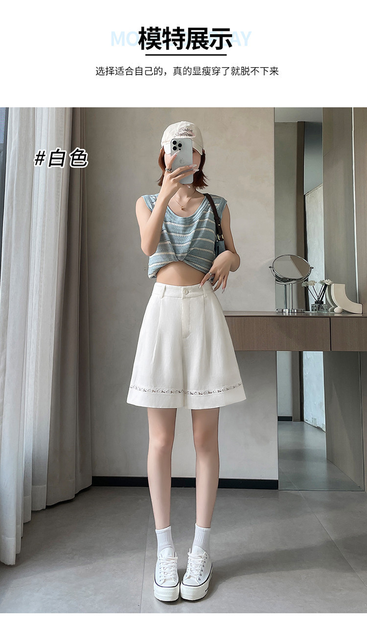 Quần short vải lanh nữ cạp cao ống rộng dáng chữ A — Xanh lông mòng đen chi tiết 39