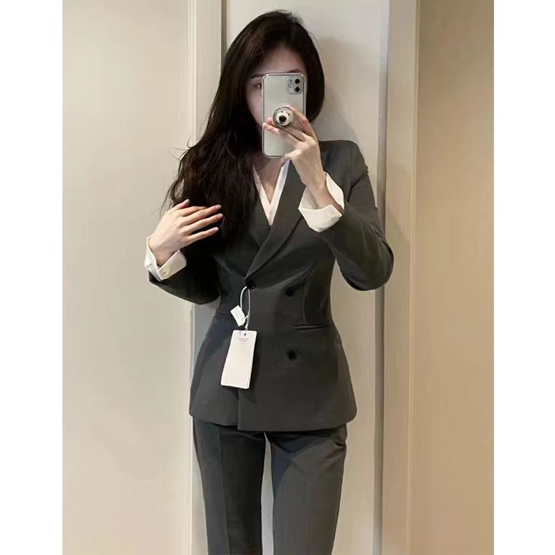 灰色西装套装女2025年春秋新款上衣工作服正装黑色西服外套两件套|undefined