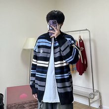 条纹拼色开衫外套男女潮牌高级感长袖上衣秋冬款情侣慵懒风毛线衣