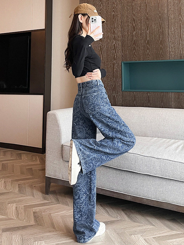 Quần jean ống rộng nữ in họa tiết, lưng cao, form suông dài — màu nâu, màu xanh