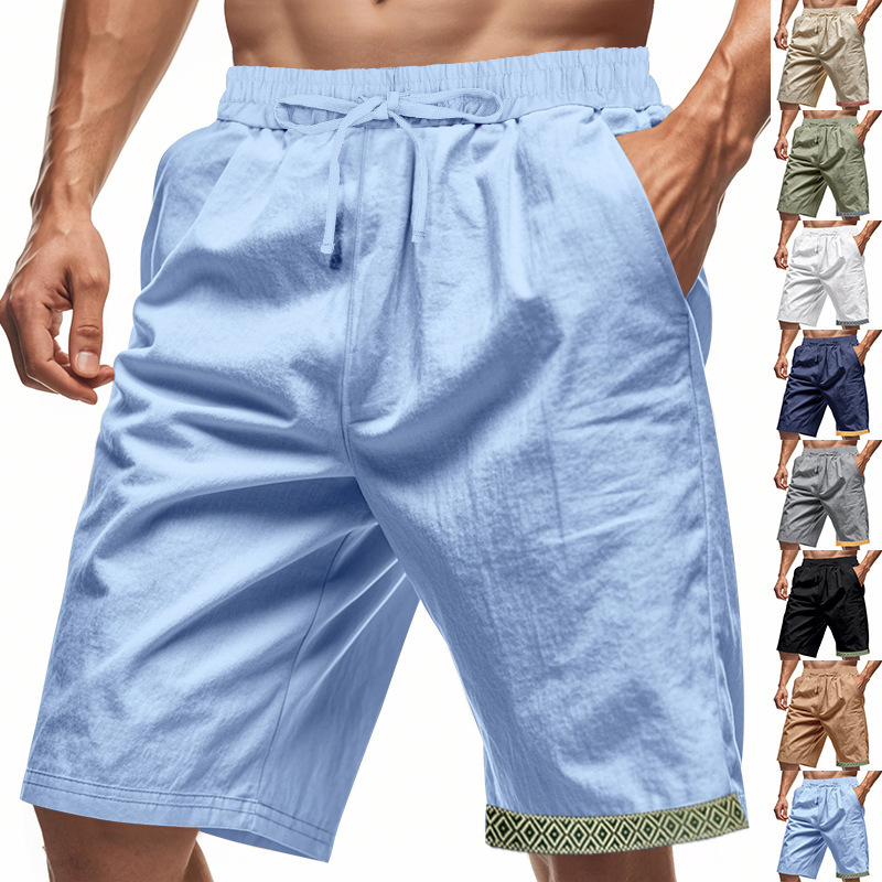 亚马逊美式夏季男士亚麻宽松休闲波西米亚风亚麻透气休闲沙滩短裤