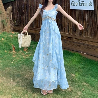 法式茶歇蓝色吊带裙女夏季旅游海边度假沙滩甜美日落大码连衣裙子