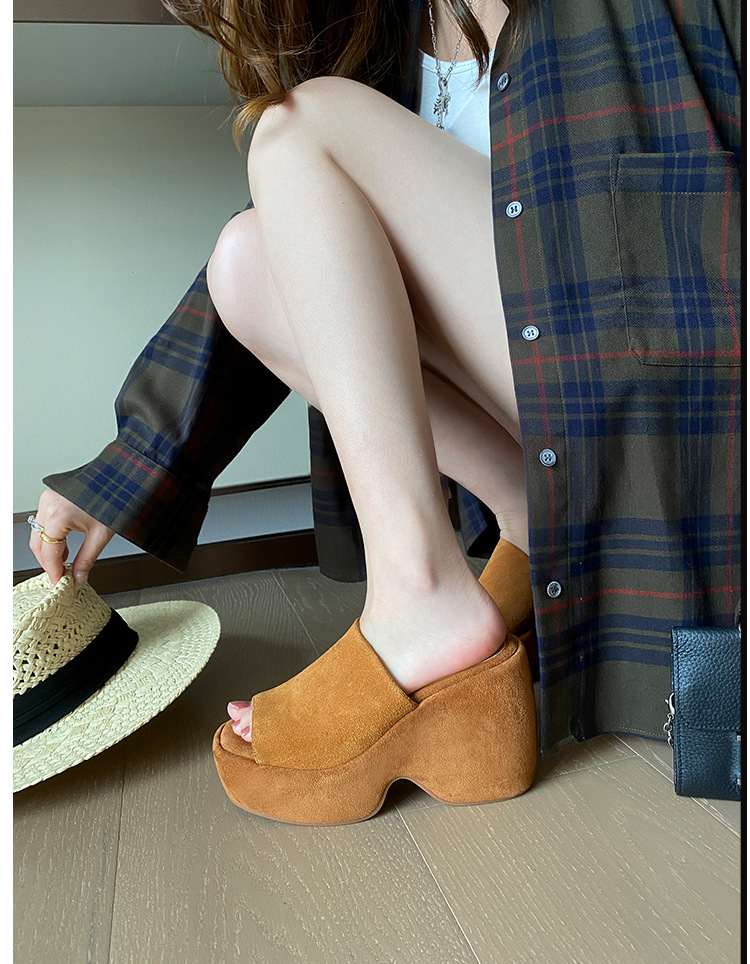 Dép sandal nữ đế xuồng da lộn gót siêu cao 11cm quai ngang hở mũi — Màu nâu, Màu đen chi tiết 28
