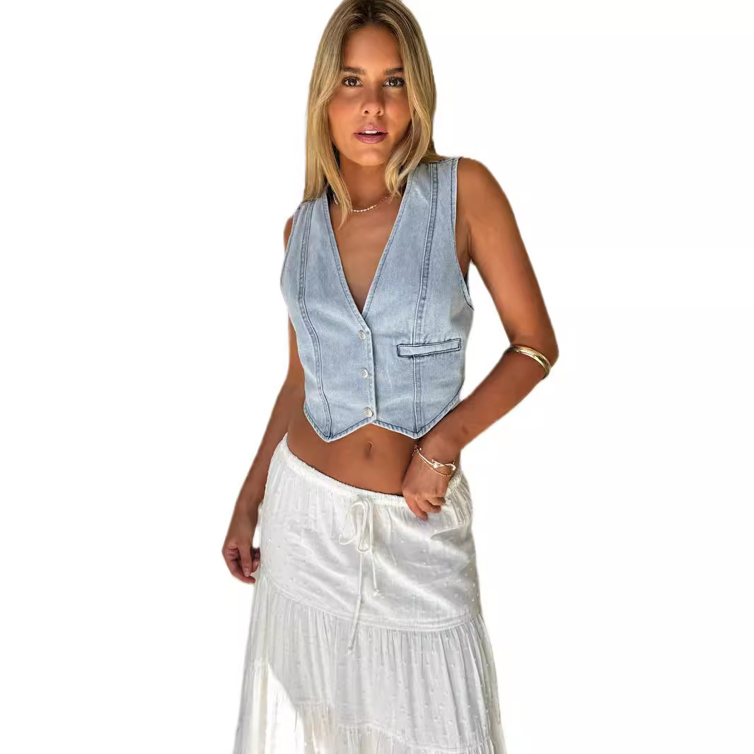 Amazon AliExpress TUME comercio exterior europeo y americano moda transfronteriza casual chaleco de vaqueros de mujer chaleco pequeño image 7