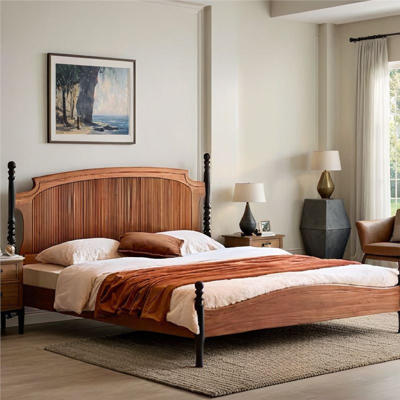 French-Style Retro Nordic Solid Wood Bed, Mid-Century Style Master Bedroom Large Bed, American-Style North American Black Walnut Wood Bedroom Double Bed