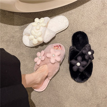 2025秋冬季跨境平底家居拖鞋女PU材质防滑舒适花朵流行元素