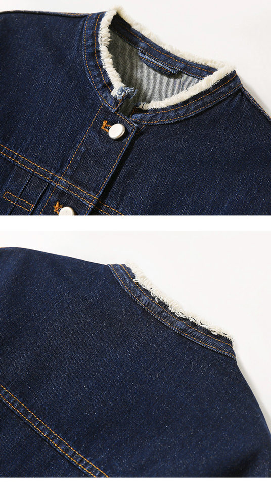 Áo khoác denim nữ cổ tròn tay dài màu xanh đậm phong cách vintage tôn dáng — Màu xanh đậm chi tiết 10