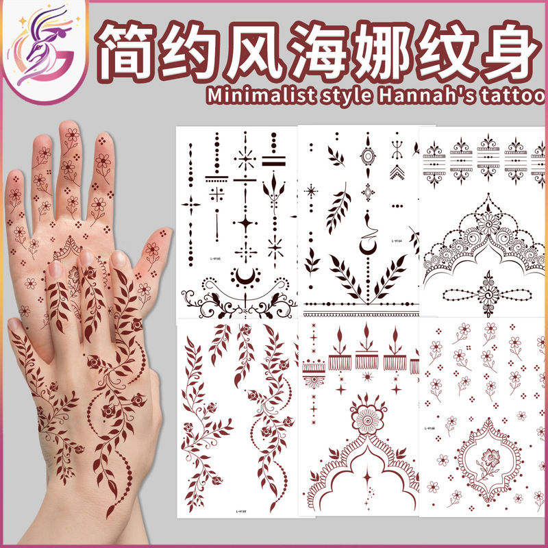 Simple Style Henna Tattoo Realistic Hand-painted Black and White Body Face Waterproof Sweat Flower Leaves Henna Temporary Tattoo