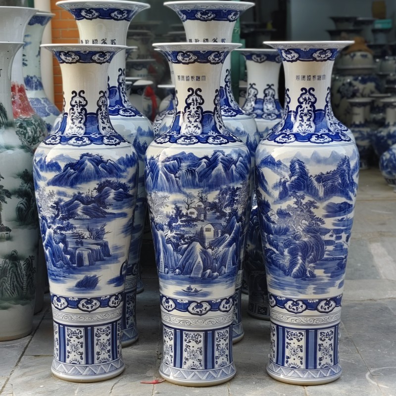 Decoración de cerámica vasos pintados a mano esmaltado porcelana azul colorido paisaje ramas de lotus aterrizaje gran vasos Guanyin vasos grandes ornamentos