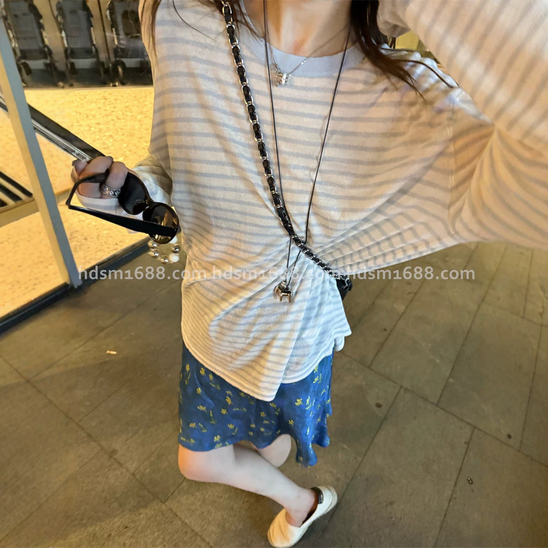 "Sea Salt Bubble" Blue and White Striped Linen Lyocell Curved Hem Lightweight Sun-Protective Knit Top for Women