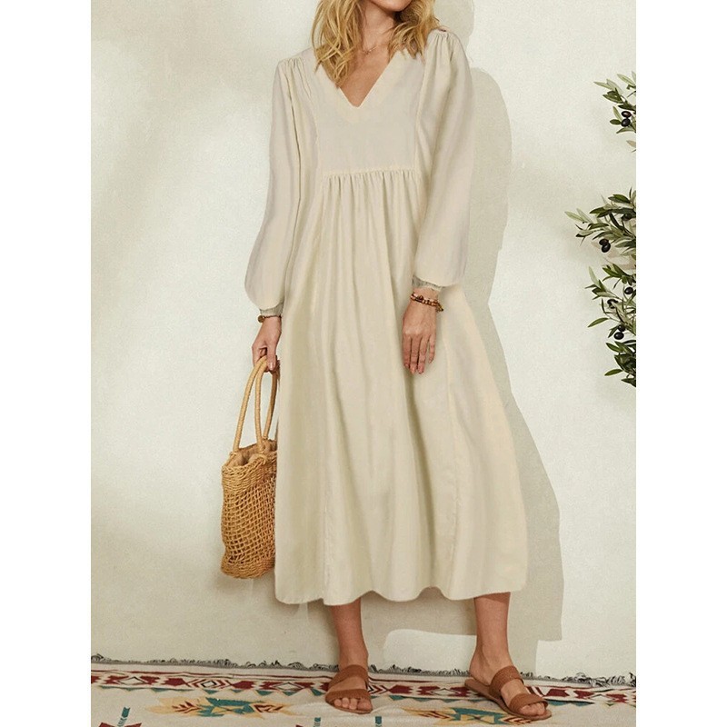 Women's Casual Cotton Linen Dress Loose Oversized Lantern Sleeves Vintage European American Daily Wear_ecoleips.com