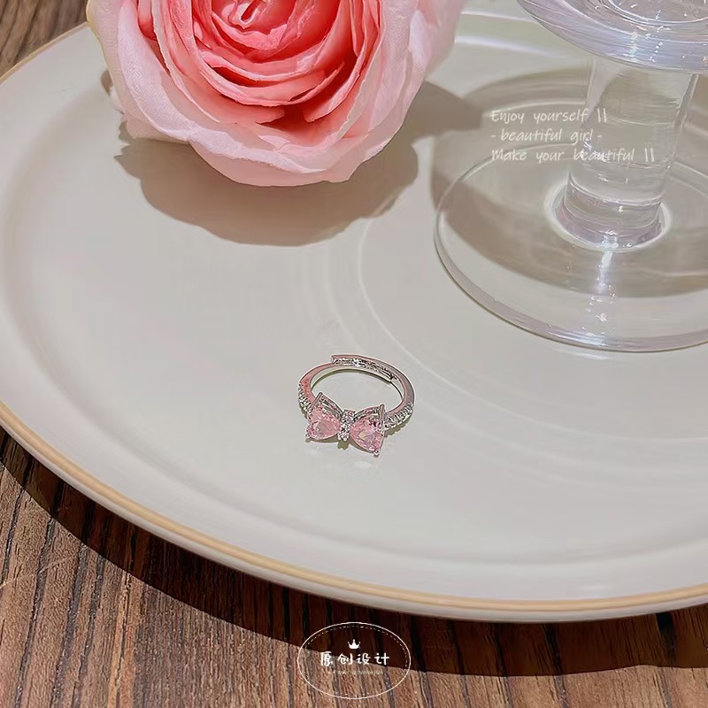 Süße elegante rosa Zirkonia-Schmetterlingsring, verstellbar, offene Größe, Zeigefingerring, koreanischer Luxus-Nischenring