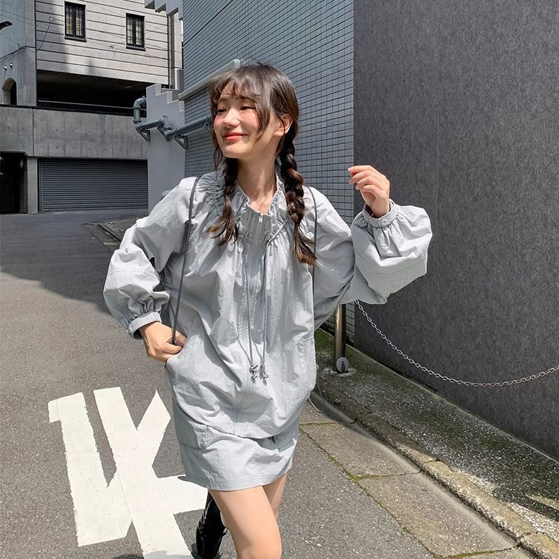 抽绳冲锋衣半身裙长裤套装女宽松外套短裙休闲裤两件套一整套穿搭|undefined