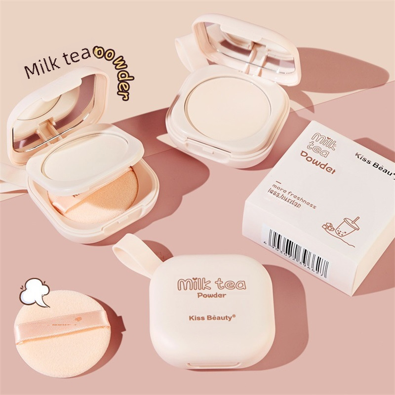 Kiss Beauty Milk Tea Honey Powder Cake Long-Lasting Soft Focus Touch-Up Setting Powder Loose Powder Double-Layer Student Portable Makeup