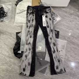高版AM外贸风格朋克复古黑破洞修身弹力泼墨印染小脚男式牛仔裤潮