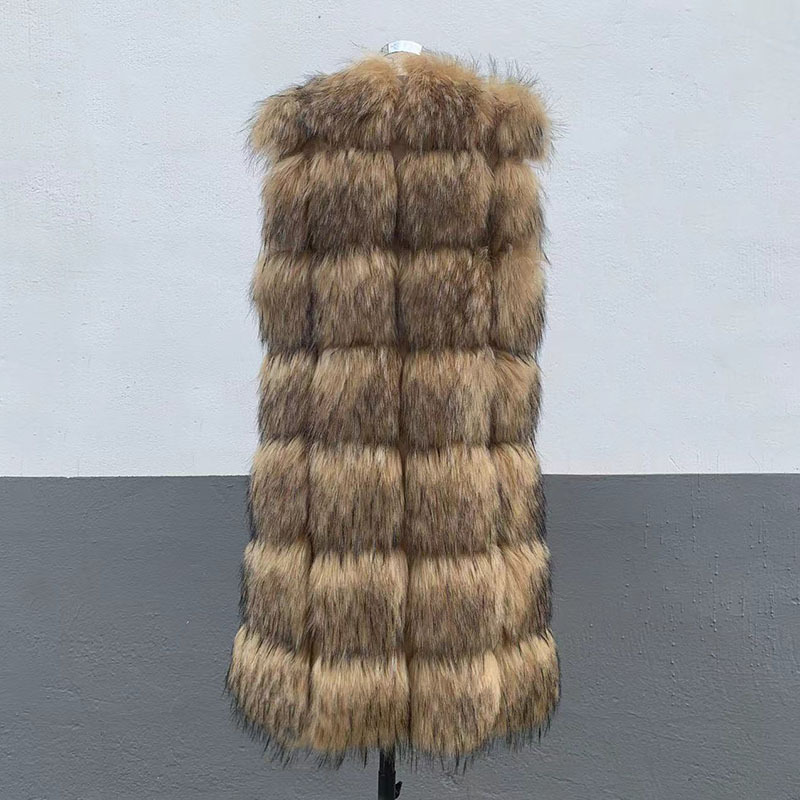 Abbigliamento donna gilet caldo pelliccia di procione gilet lungo e sottile con cuciture_voghion.com