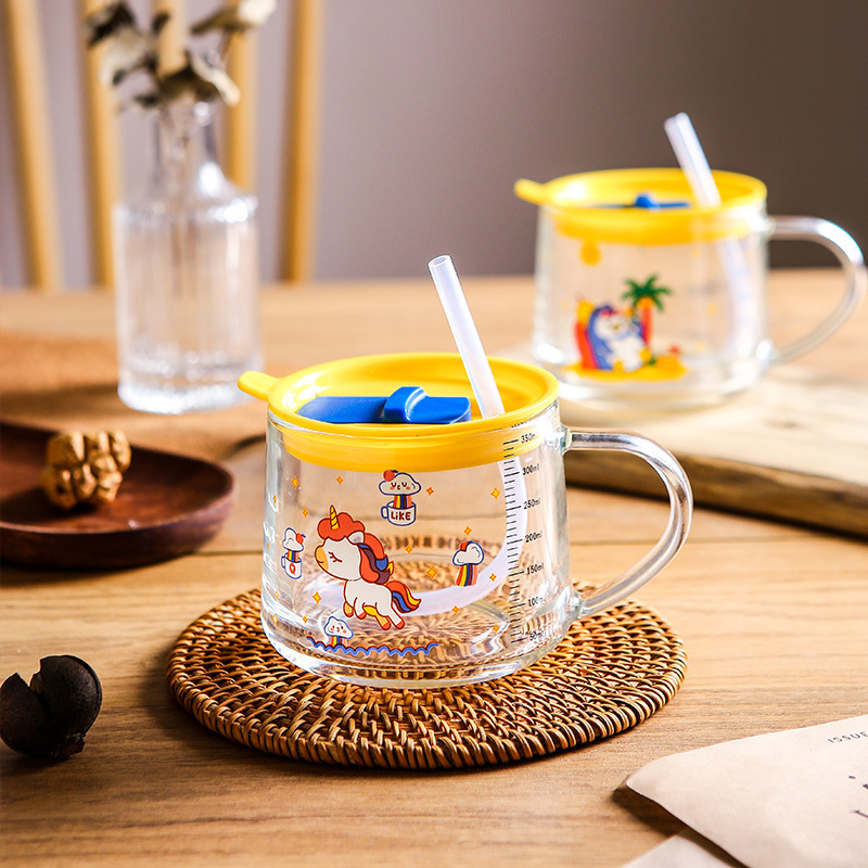 Cartoon cute fun breakfast cup with scale glass cup children's straw milk home cute thick milk cup wholesale