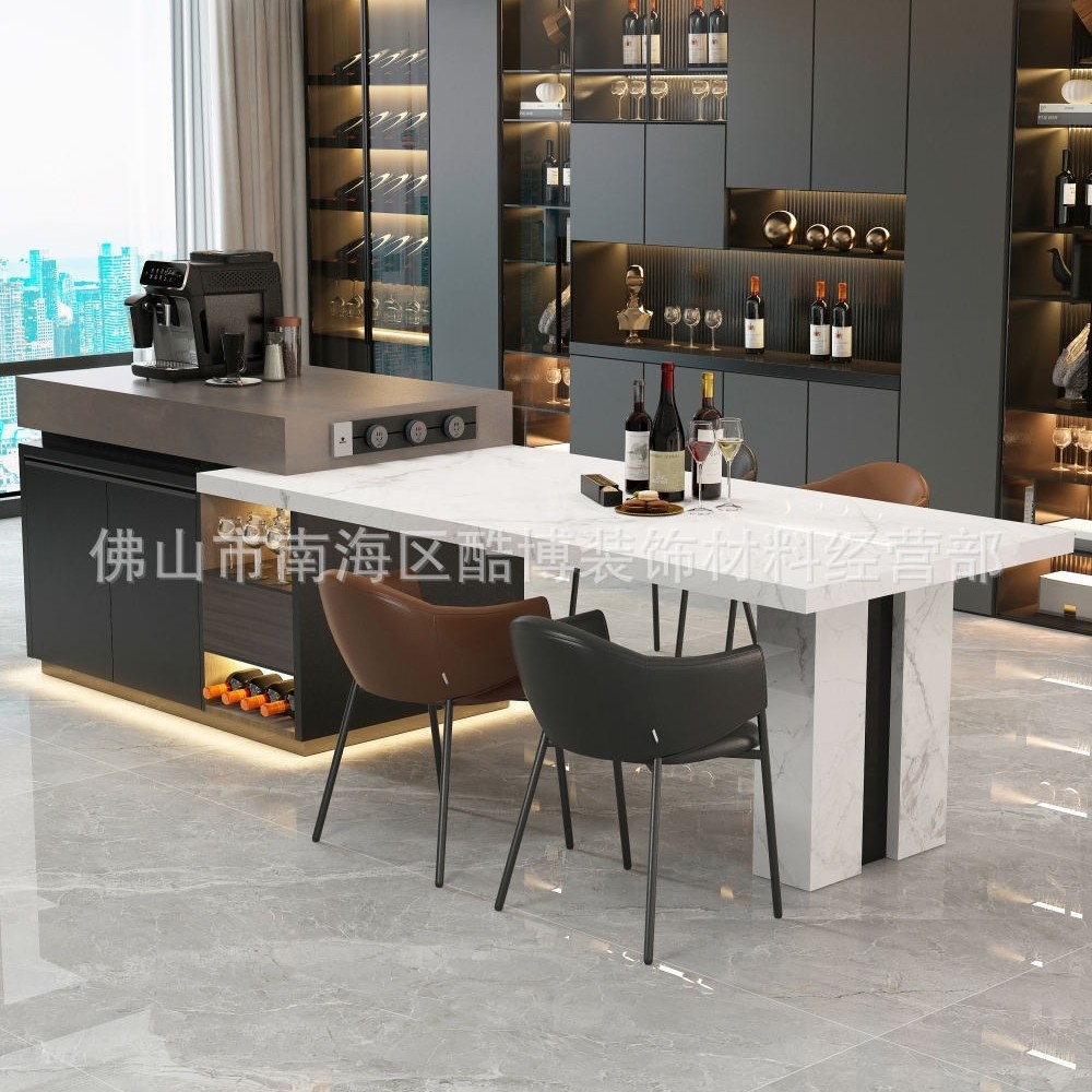 Medieval Style Island Table Dining Table Integrated Retractable Household Black Slate Arc Small Apartment Light Luxury High-End Bar Table