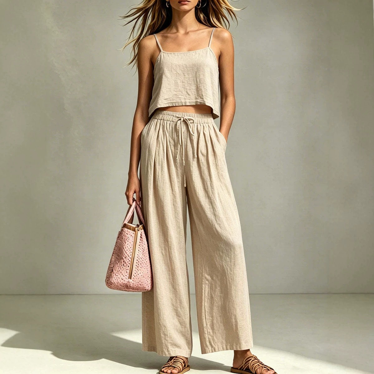 Women's Clothing Summer Fashionable Women's Two-Piece Set Casual Camisole And Loose Wide Leg Pants Style For Formal & Casual For Women_ecoleips.com