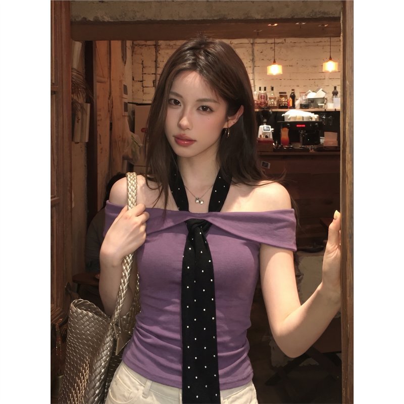 1*1 Customizable Snow Cake Sweetheart Pure Desire Spicy Girl Polka Dot Tie One-Shoulder T-Shirt Halter Design Ruched Slimming Top