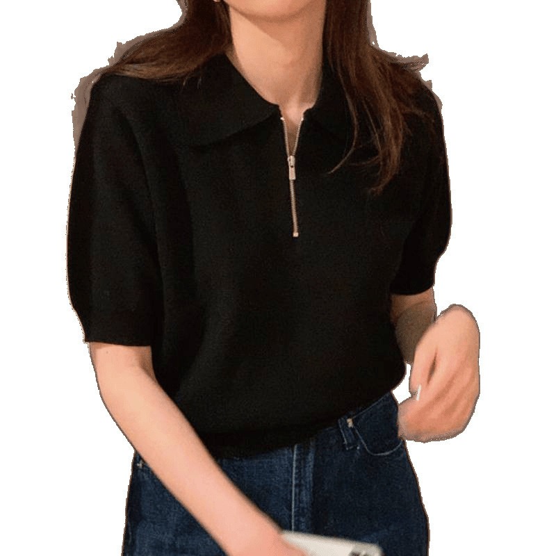 领针织衫短袖恤女夏薄款拉链翻领潮韩版别致洋气短款上衣|undefined