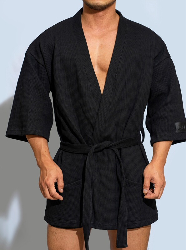 D.M Men's Bathrobe Short 100 Cotton Solid Color Simple Nightgown Absorbent Sexy Casual Home Japanese Style All-match Trendy