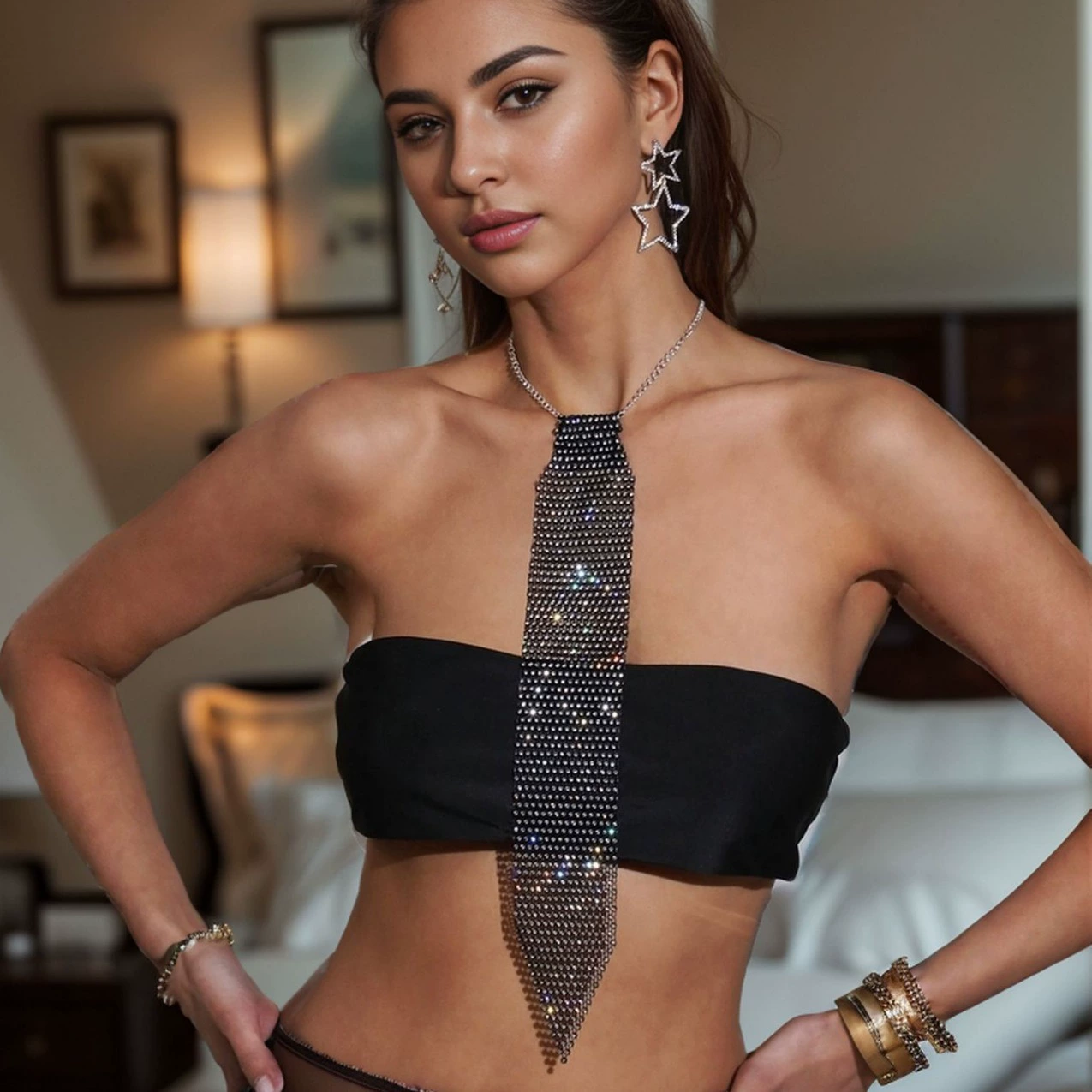 SHEIN одинаковый кросс-бордер кросс-бордер кросс-бордер кросс-бордер Diamond Tide People Европейская и американская мода многоступенчатая рыболовная сеть Diamond Night Shop Hot Girl Tie