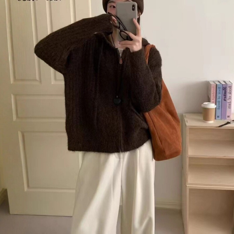 韩系秋冬新款针织连帽开衫女宽松慵懒风小个子纯色软糯外套毛衣女|undefined
