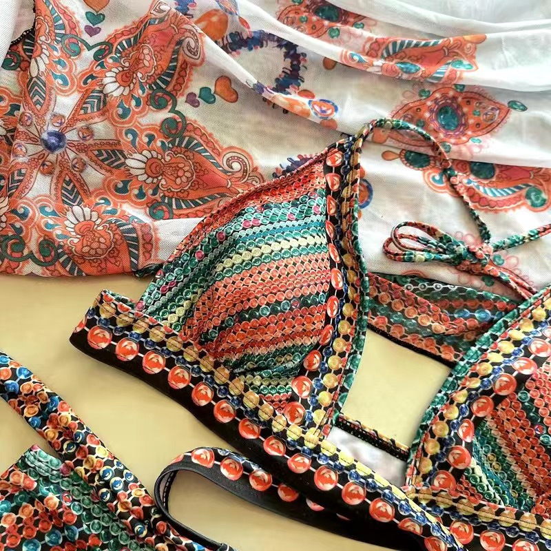 329g Weight Sleeveless Sleeve Length Polyester Fabric Type 3 Pieces Set Quantity Beach, Swimming Occasion Halter Neck Neckline Regular Fit Fit Type Color Block Pattern Women's Gender Beach, Modern Style Style Women's Lady Beach Modern Style Color Block 3 Pieces Set Bikinis Swimwear 20