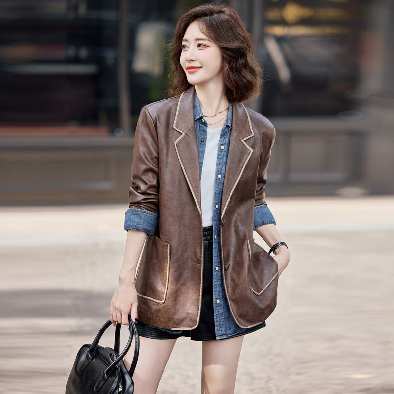 PU leather coat women's 2024 autumn new high-end American retro Hong Kong style long brown suit jacket PU leather coat women's 2024 autumn new high-end American retro Hong Kong style long brown suit jacket