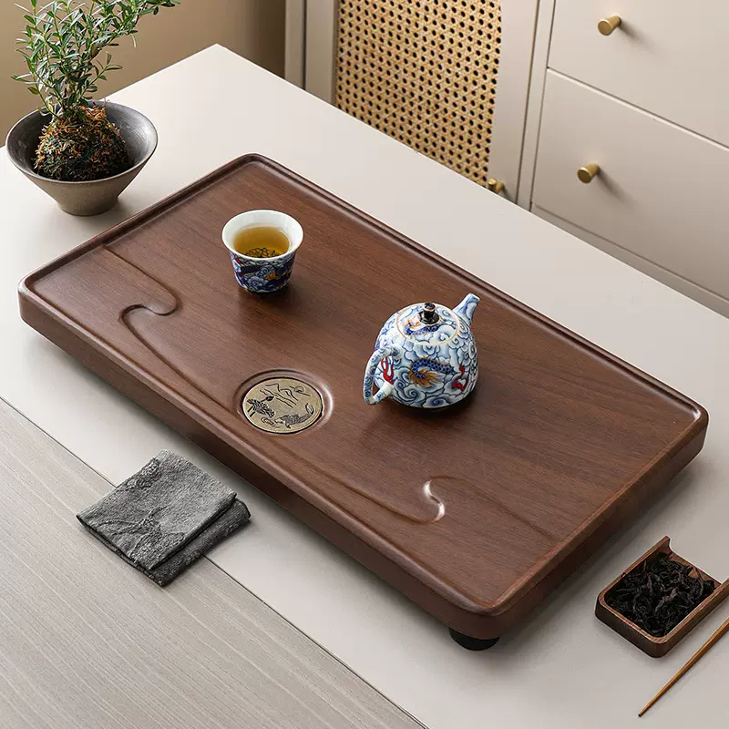 整块橡木茶盘客厅功夫茶具托盘胡桃木纹木制茶台承茶器茶托国潮风