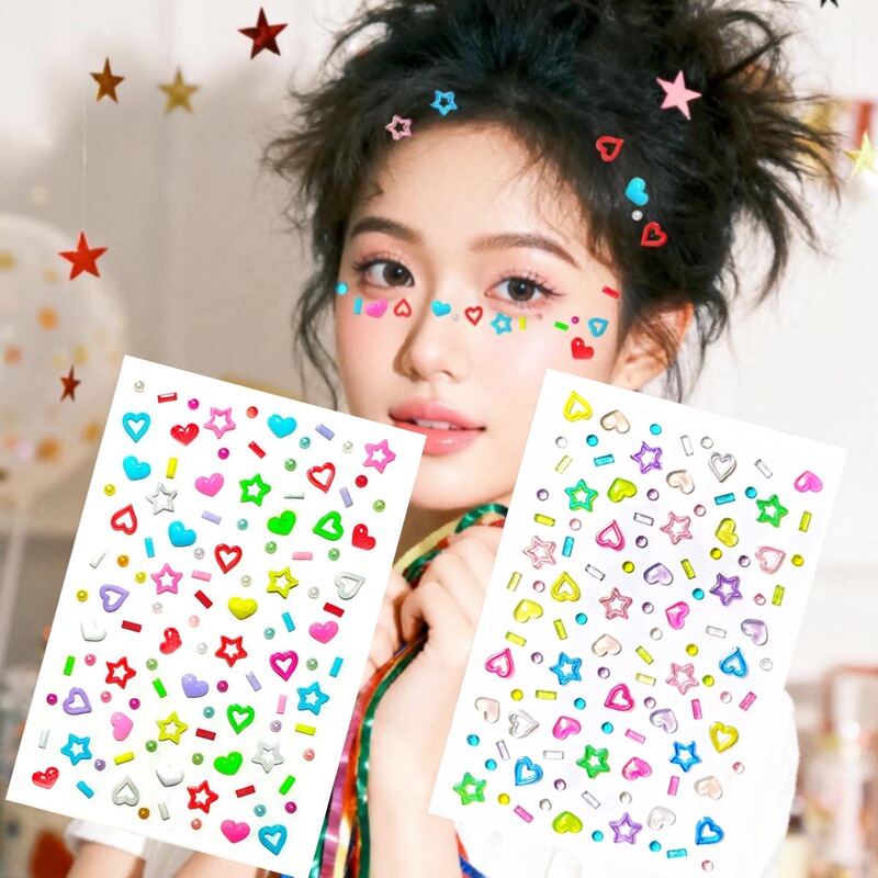 Girl's Dopamine Mixed Colorful Cut Out Face Makeup Five-Pointed Star Heart Jewelry Colorful Peach Heart Adhesive Self-Adhesive